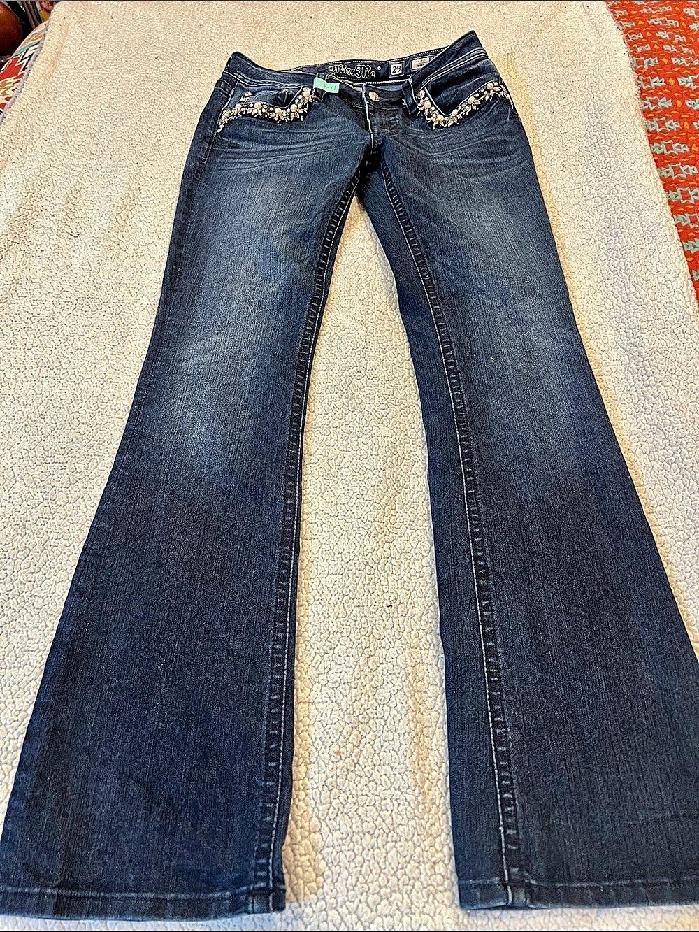 Miss Me Mid-Rise Boot Embellished Bootcut Jeans in Blue Waist 29